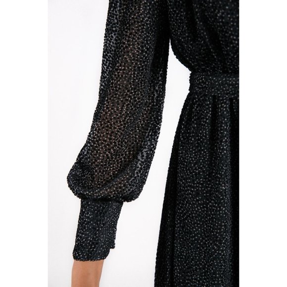 LENON Black Stone Dots Burnout Velvet Surplice Midi 'Rose' Dress sz M Women's - Picture 3 of 13